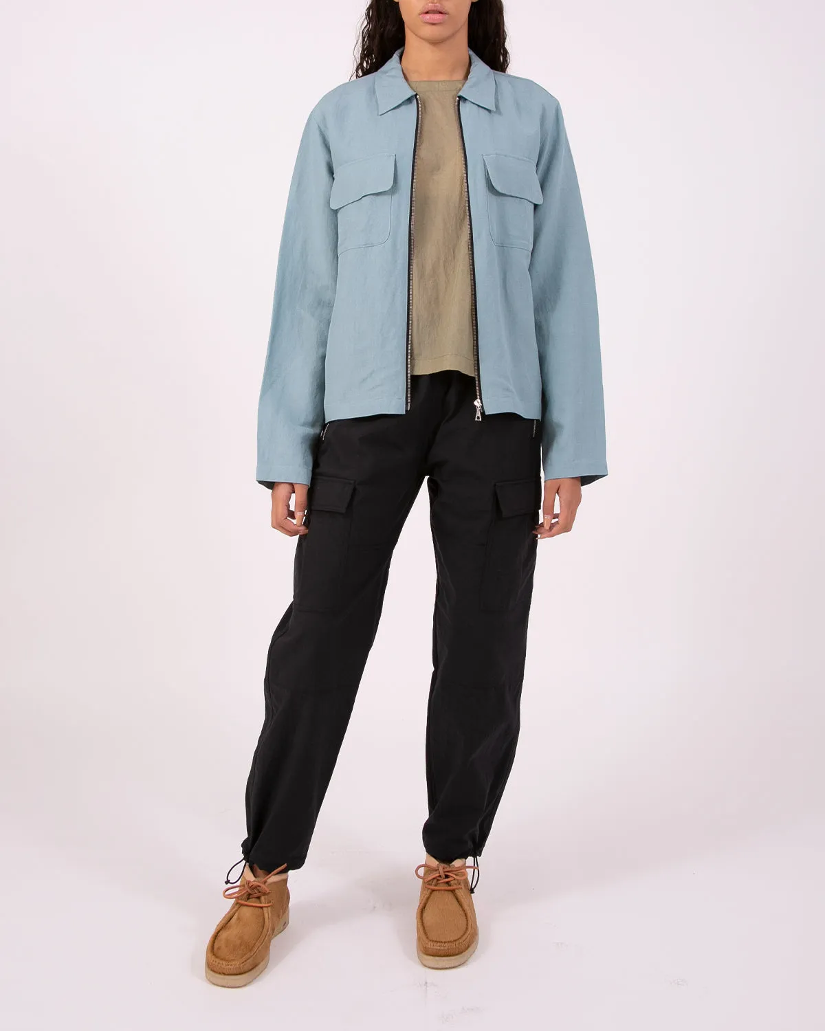 Linen Rayon Zip Blouson - Sky