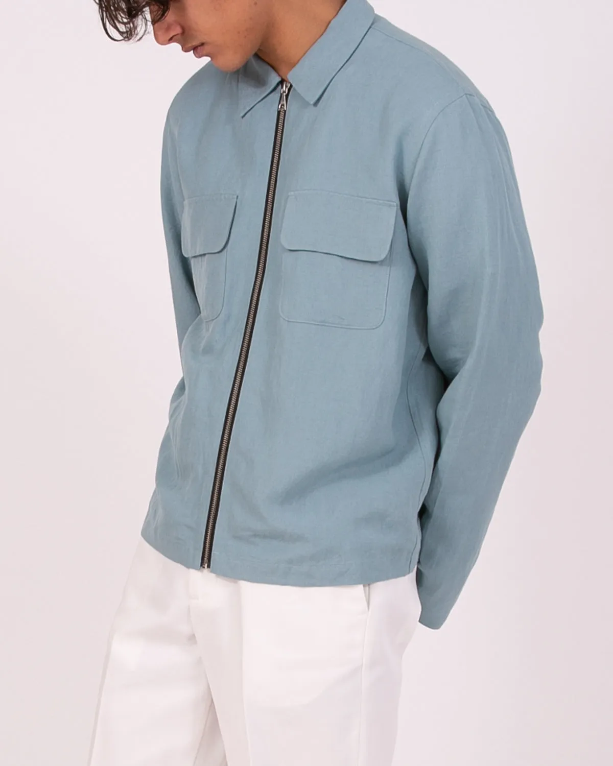 Linen Rayon Zip Blouson - Sky