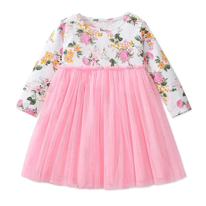 Little maven Kids Clothes Children's Clothing Baby Girls 2024 Autumn Cotton Long Sleeves Cartoon Hearts Princess Mesh Dresses