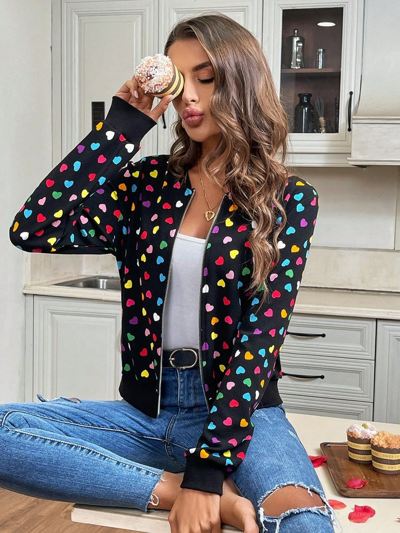 LUNE Valentine's Day Colorful Heart Print Jacket