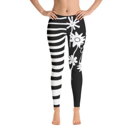 Malah Contrast Leg Leggings--Nalah Print with Big Funky Flowers and Uneven Stripes Contrast Leg