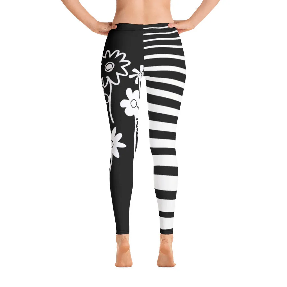 Malah Contrast Leg Leggings--Nalah Print with Big Funky Flowers and Uneven Stripes Contrast Leg