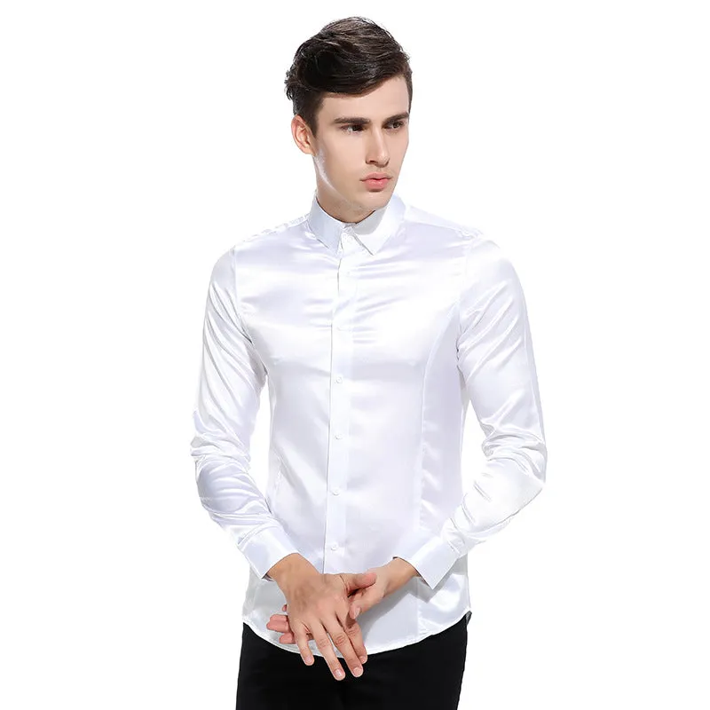 Men Turnover Collar Glossy Long Sleeves Shirt