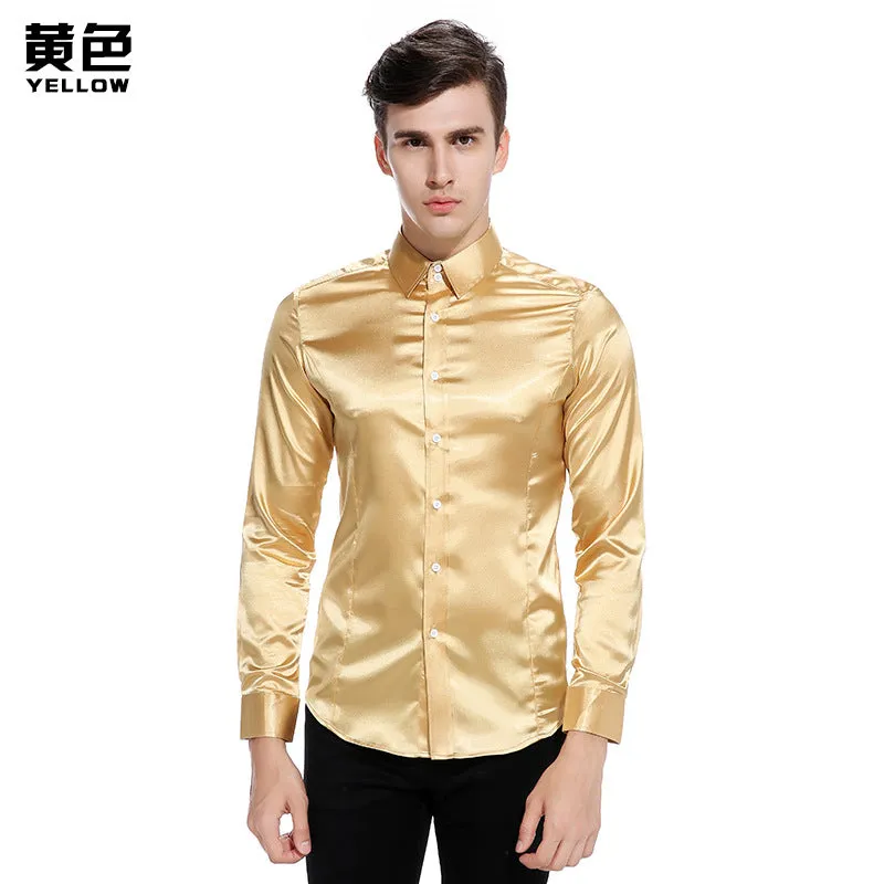 Men Turnover Collar Glossy Long Sleeves Shirt