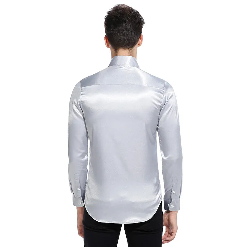 Men Turnover Collar Glossy Long Sleeves Shirt