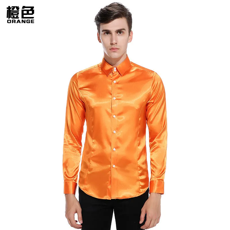 Men Turnover Collar Glossy Long Sleeves Shirt