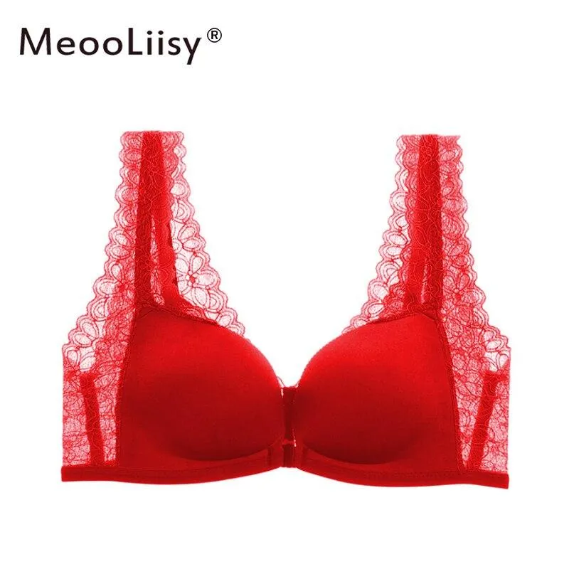 MeooLiisy New Year Red Front Buckle Bra for Women Push Up Sexy Wireless Underwear Seamless Lace Beauty Back Lingerie