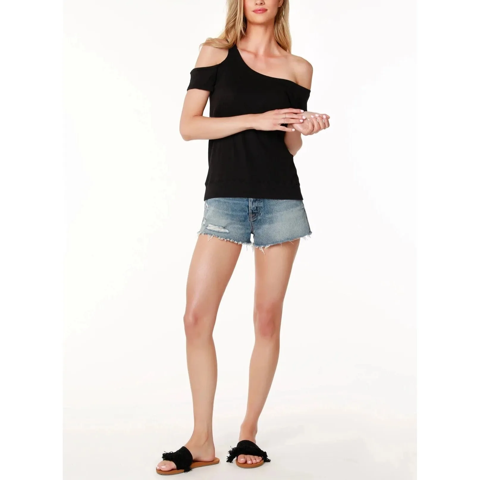 One Shoulder Cut Out Tee - Black.