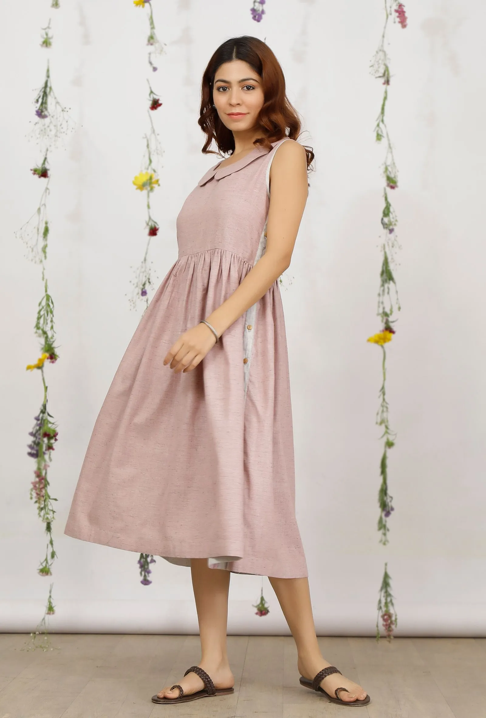 Orchid Pink Khadi Cotton Flared Peter Pan Collar Dress