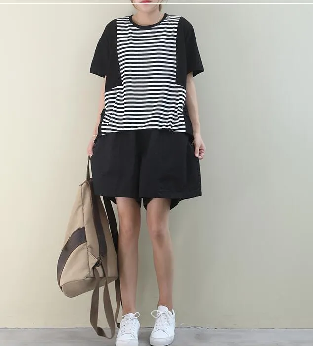 Patchwork A-Line Striped Loose Casual Summer Women Cotton Tops WG961707