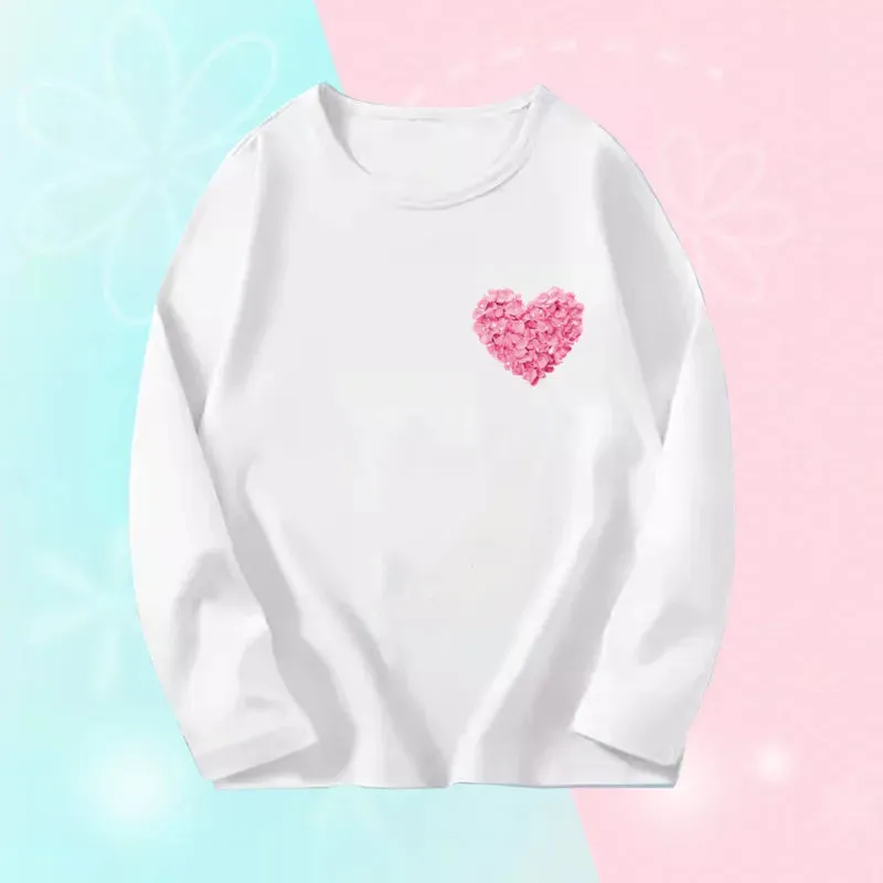 Pink Flower Heart Print Girls T-Shirt Casual White Tops Spring Long Sleeve Kids T Shirt Kawaii Love Print Tops