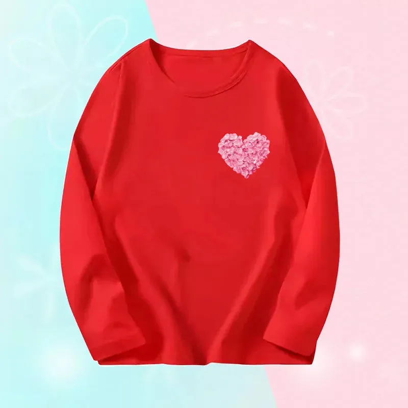 Pink Flower Heart Print Girls T-Shirt Casual White Tops Spring Long Sleeve Kids T Shirt Kawaii Love Print Tops