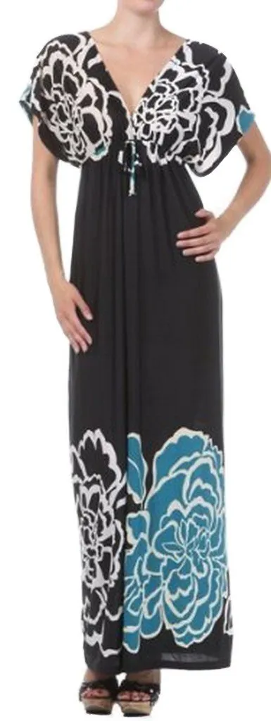 Sakkas Big Flower Graphic Print V-neck Cap Sleeve Empire Waist Long Dress