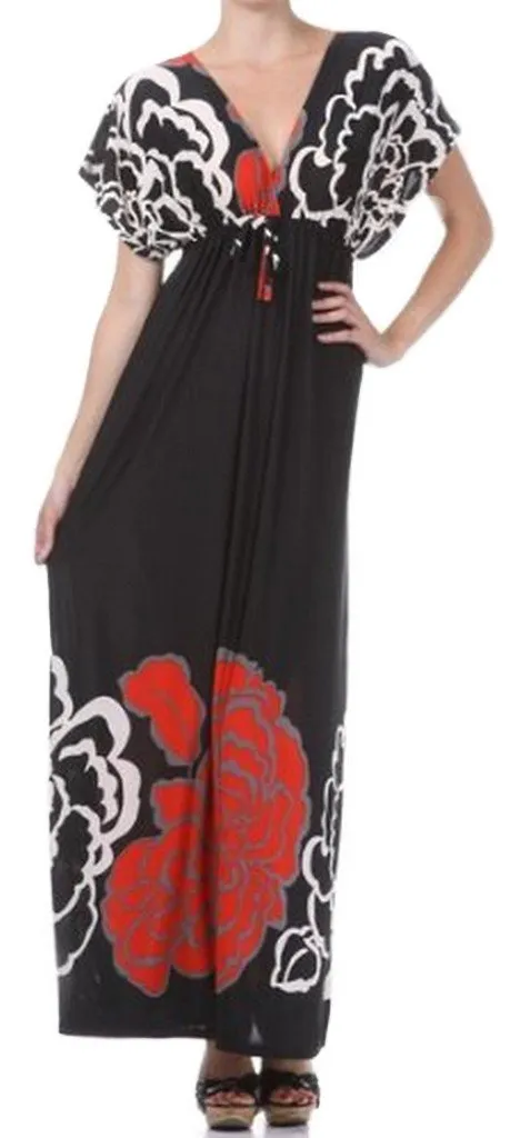 Sakkas Big Flower Graphic Print V-neck Cap Sleeve Empire Waist Long Dress