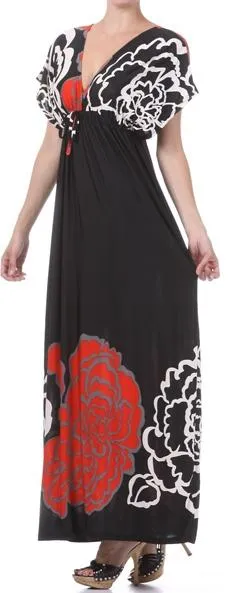 Sakkas Big Flower Graphic Print V-neck Cap Sleeve Empire Waist Long Dress