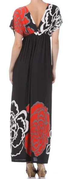 Sakkas Big Flower Graphic Print V-neck Cap Sleeve Empire Waist Long Dress