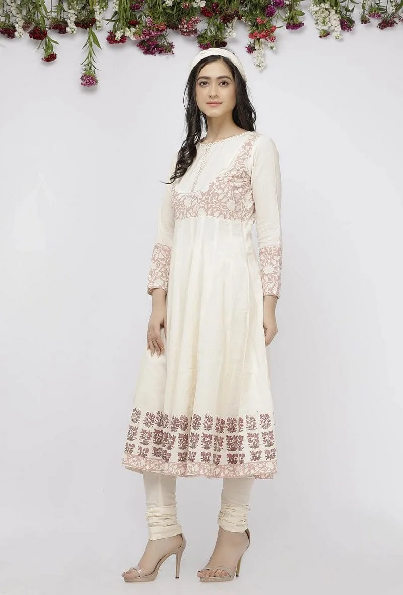 Set of 2 : Off White Cotton Hand-Block Printed Anarkali Paired with White Cotton Chooridar