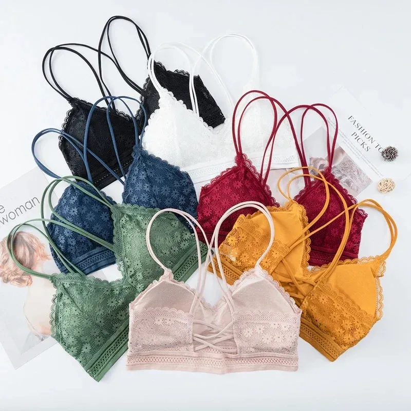 Sexy Bra Women Lace Bralette Wire Free Brassiere Push Up Underwear Padded Female Thin Shoulder Strap Soft Ladies Lingerie