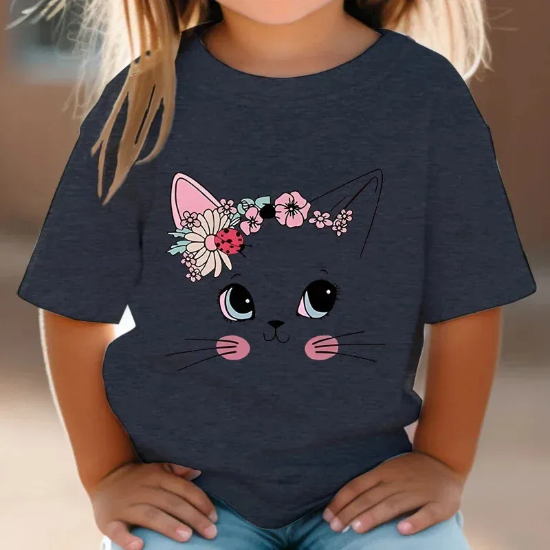 Summer Kids T Shirt Flower Cat Graphic Shirt Girls Floral Kitty Tops White Short Sleeve Wild Tee Cute Animal Cartoon Cat T-shirt