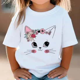 Summer Kids T Shirt Flower Cat Graphic Shirt Girls Floral Kitty Tops White Short Sleeve Wild Tee Cute Animal Cartoon Cat T-shirt