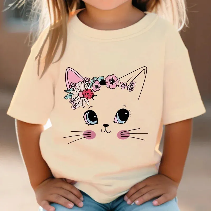 Summer Kids T Shirt Flower Cat Graphic Shirt Girls Floral Kitty Tops White Short Sleeve Wild Tee Cute Animal Cartoon Cat T-shirt