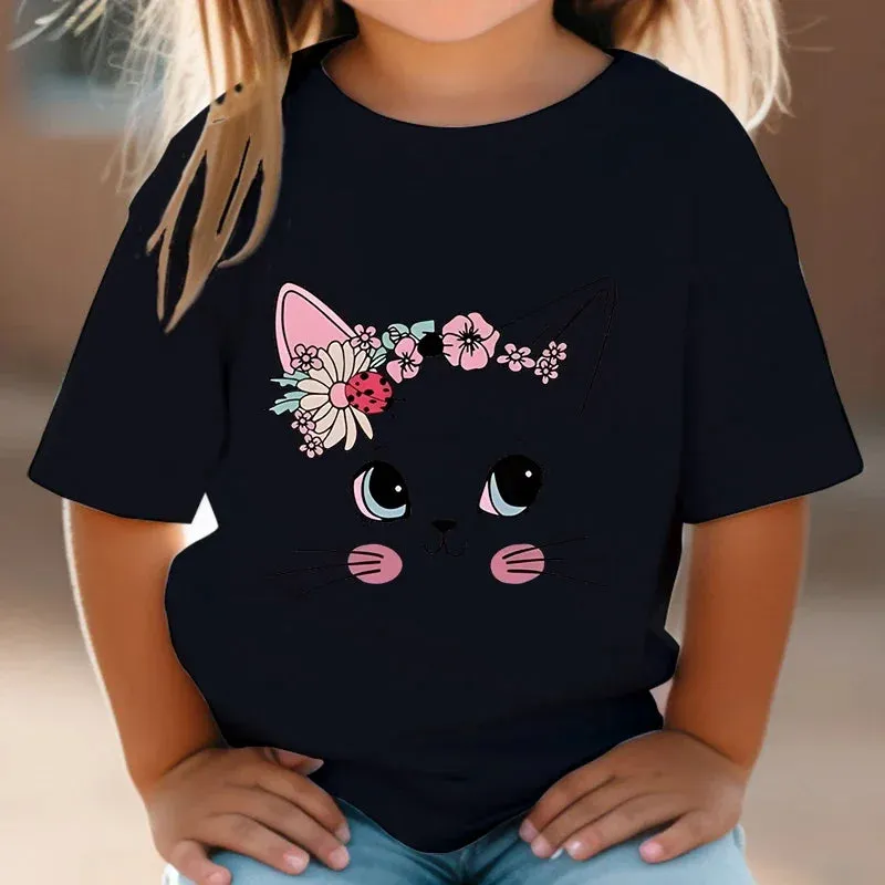 Summer Kids T Shirt Flower Cat Graphic Shirt Girls Floral Kitty Tops White Short Sleeve Wild Tee Cute Animal Cartoon Cat T-shirt