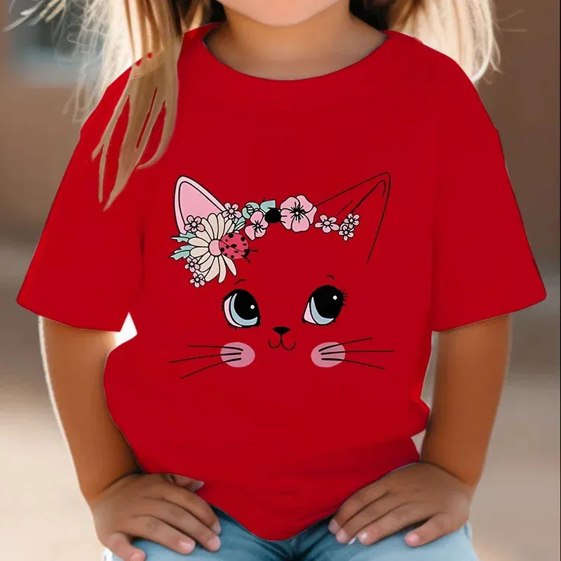 Summer Kids T Shirt Flower Cat Graphic Shirt Girls Floral Kitty Tops White Short Sleeve Wild Tee Cute Animal Cartoon Cat T-shirt