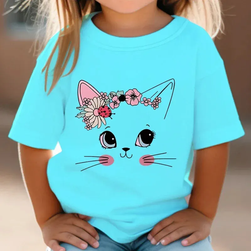 Summer Kids T Shirt Flower Cat Graphic Shirt Girls Floral Kitty Tops White Short Sleeve Wild Tee Cute Animal Cartoon Cat T-shirt