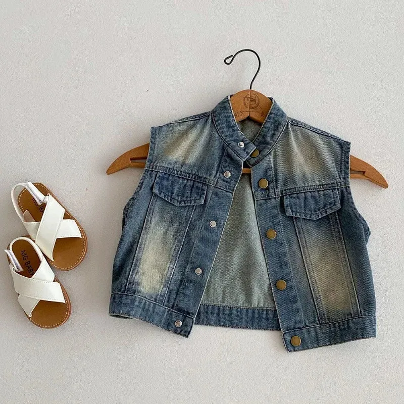 Summer new children's denim jacket 1-5 year old boys and girls retro denim vest Korean version casual versatile camisole vest