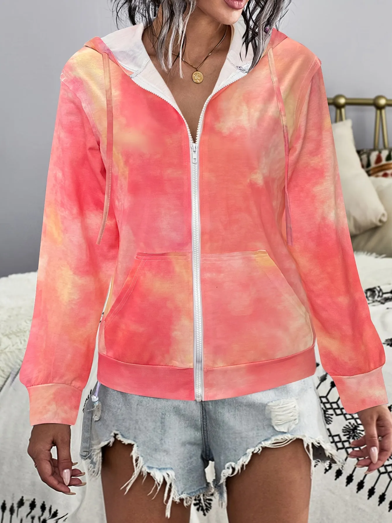 Tie Dye Zip Up Hoodie, Casual Long Sleeve Drawstring Hoodies Sweatshirt, Women's Clothing