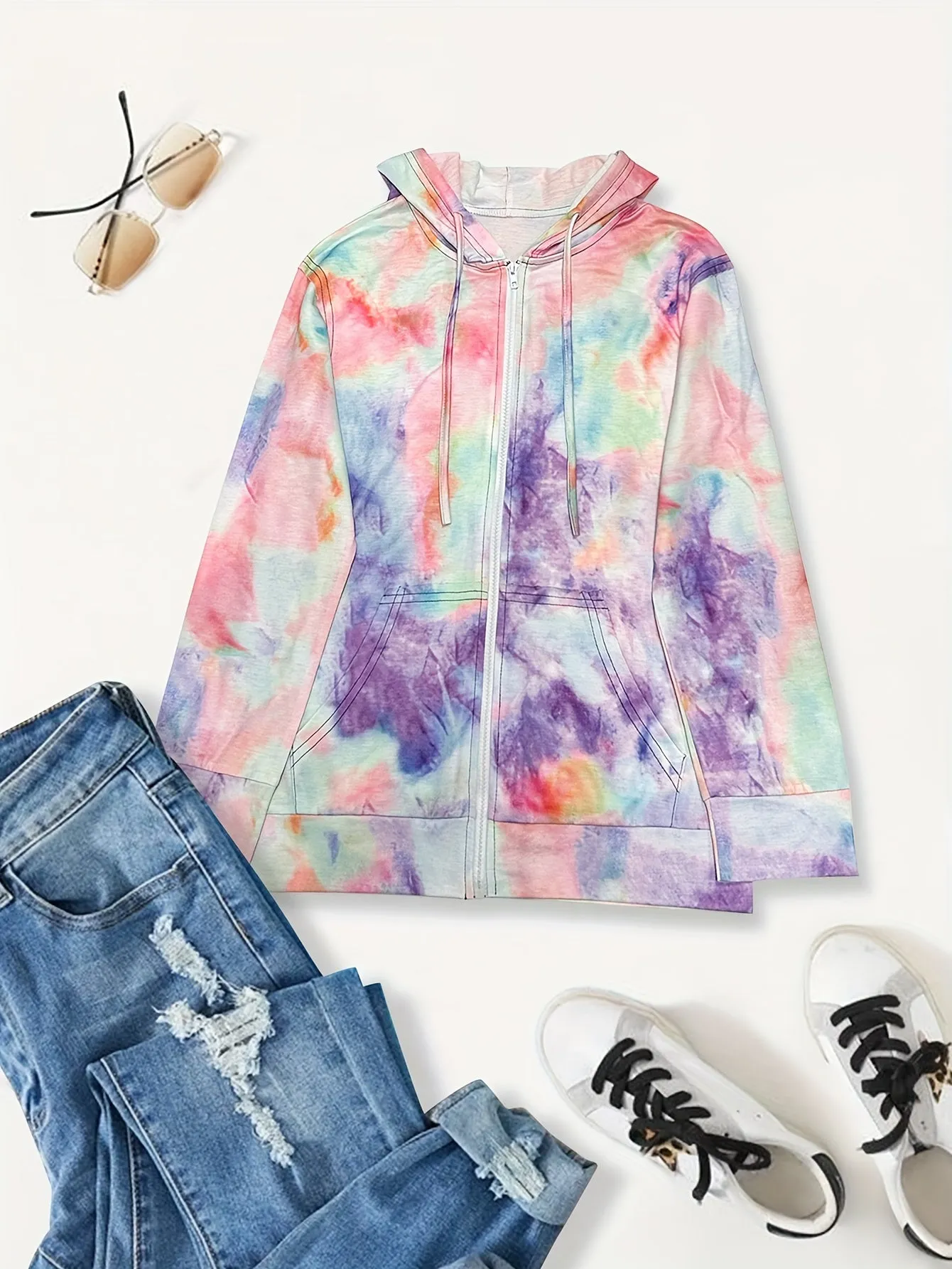 Tie Dye Zip Up Hoodie, Casual Long Sleeve Drawstring Hoodies Sweatshirt, Women's Clothing