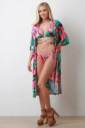 Tropical Palm Crisscross Bikini Set with Kimono Cover Up