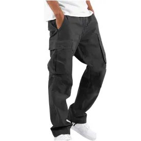 Trousers Full Length Pants for Men Solid 2024 Casual Multiple Pockets Outdoor Straight Type Fitness Pants Cargo Pants Trousers Gray