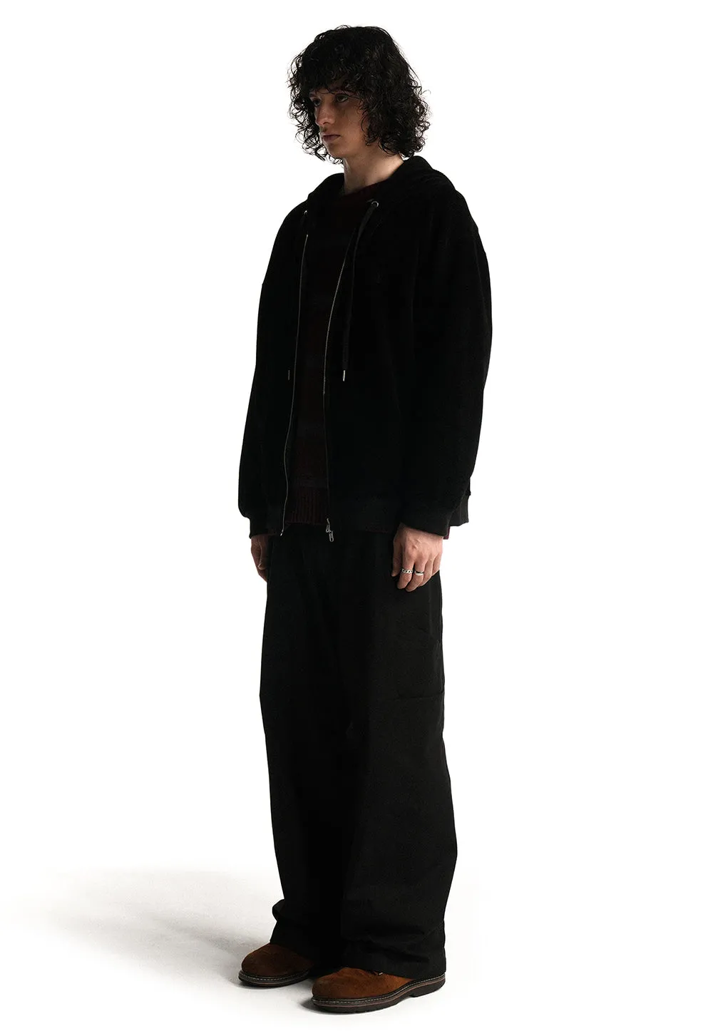 Velour corduroy hood zip-up black