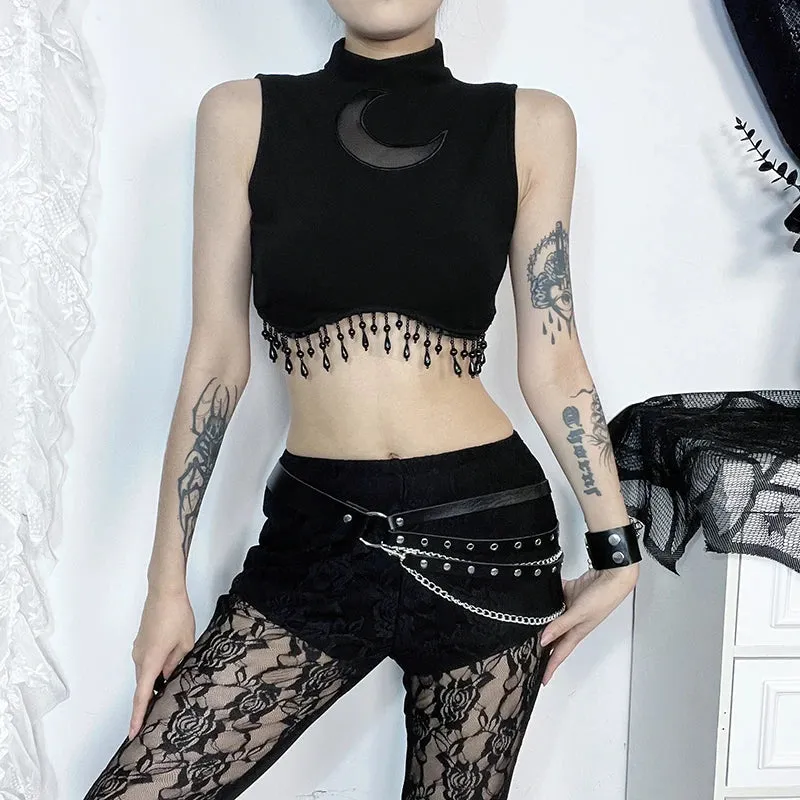 Vintage Sleeveless Through Sexy See Moon Crop Goth Lace Top