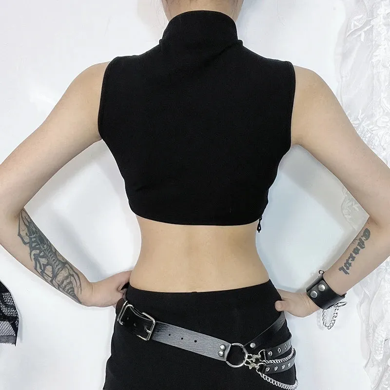 Vintage Sleeveless Through Sexy See Moon Crop Goth Lace Top