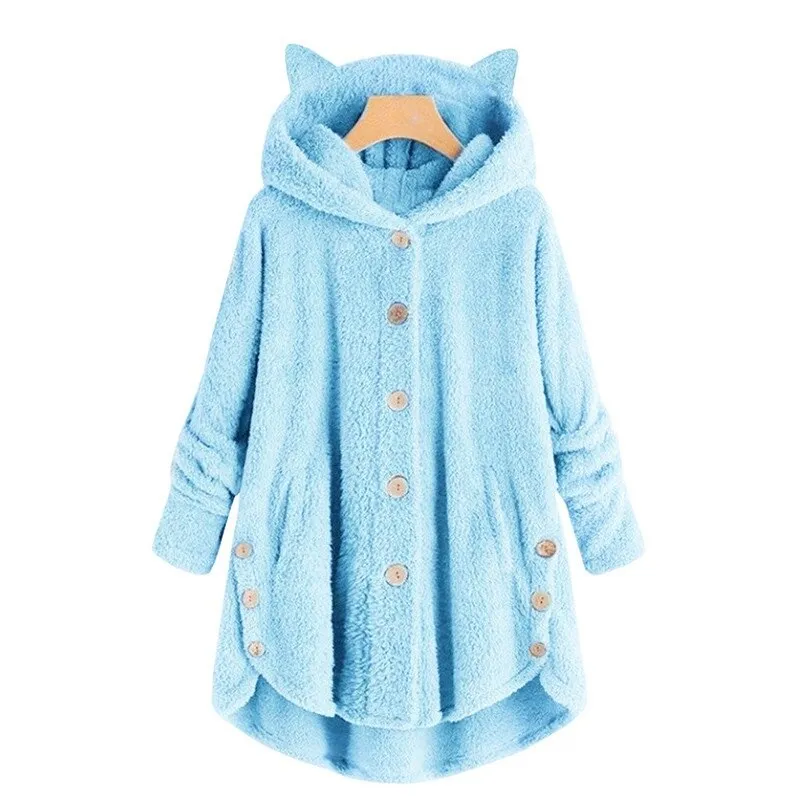 Women Plush Hoodies Sweatshirt Harajuku Irregular Hem Fluffy Woman Fleece Coat Kawaii Cat Ear Buttons Solid Female Teddy Coat