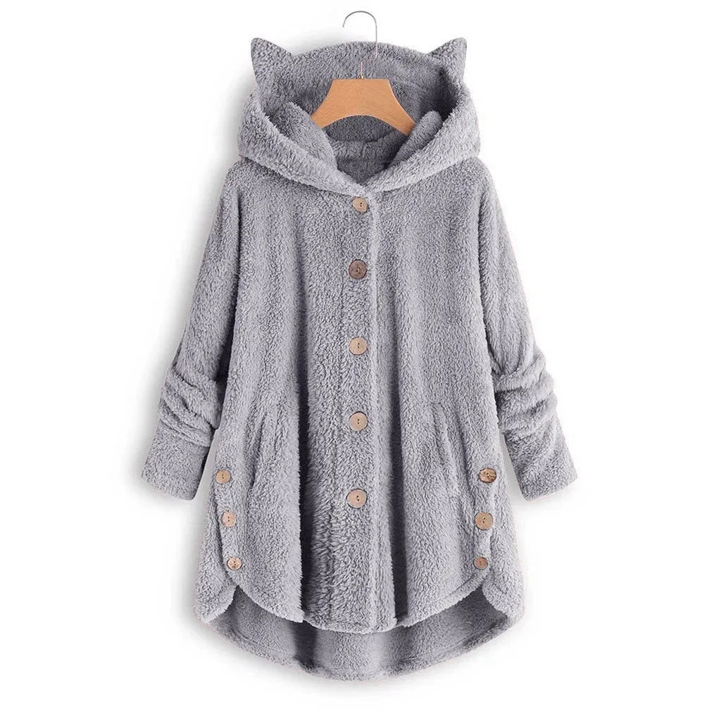 Women Plush Hoodies Sweatshirt Harajuku Irregular Hem Fluffy Woman Fleece Coat Kawaii Cat Ear Buttons Solid Female Teddy Coat