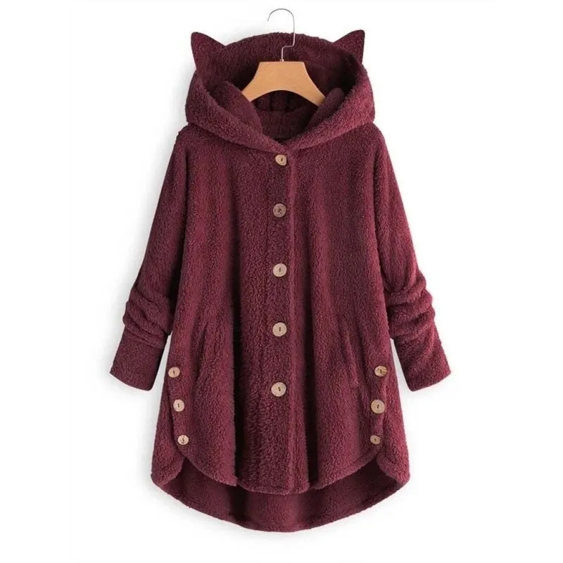 Women Plush Hoodies Sweatshirt Harajuku Irregular Hem Fluffy Woman Fleece Coat Kawaii Cat Ear Buttons Solid Female Teddy Coat