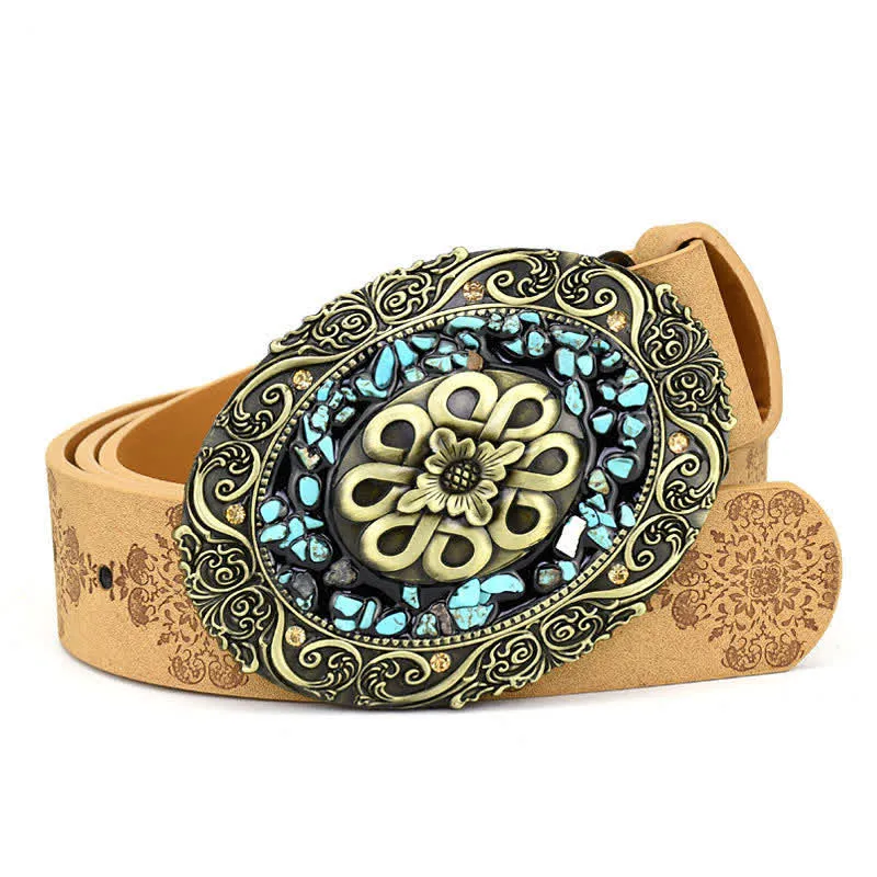 Women's Decorative Inlaid Color Stone Turquoise Leather Belt