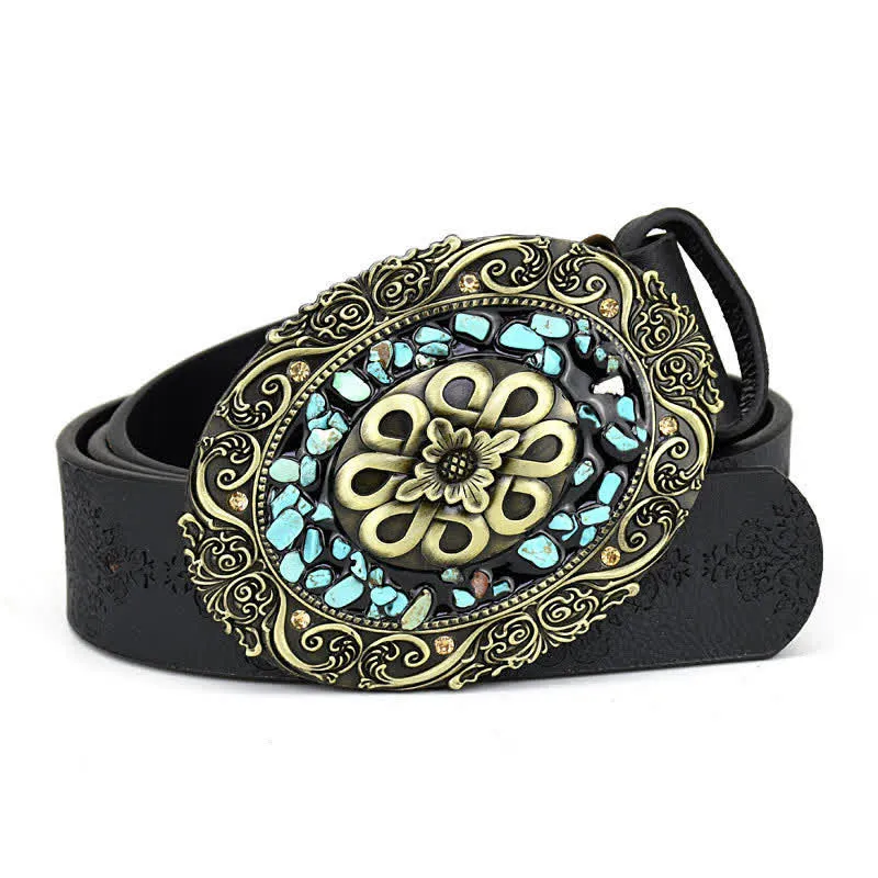 Women's Decorative Inlaid Color Stone Turquoise Leather Belt