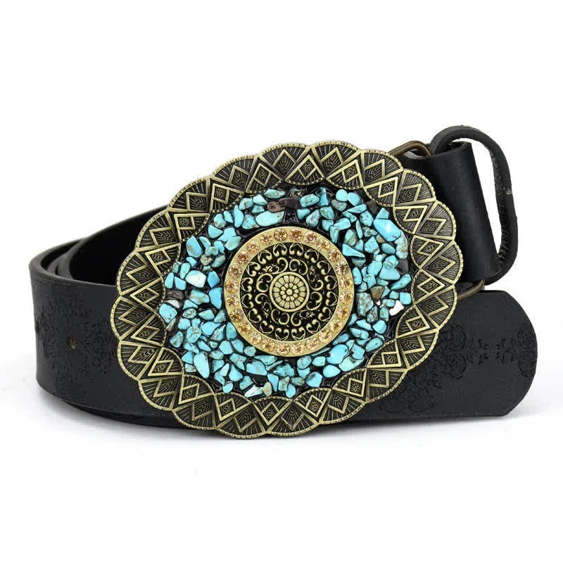 Women's Decorative Inlaid Color Stone Turquoise Leather Belt