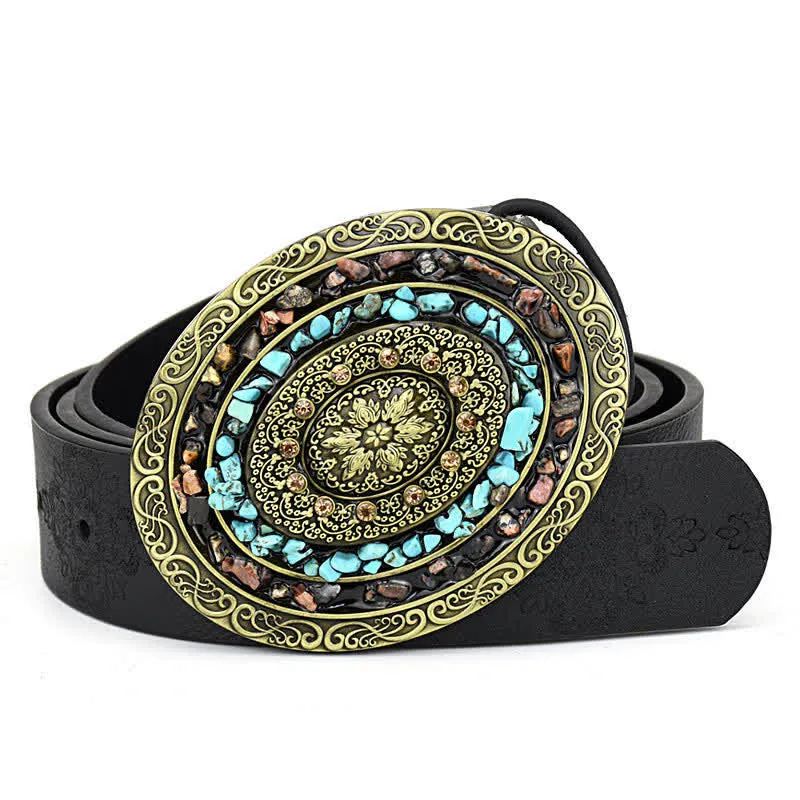 Women's Decorative Inlaid Color Stone Turquoise Leather Belt