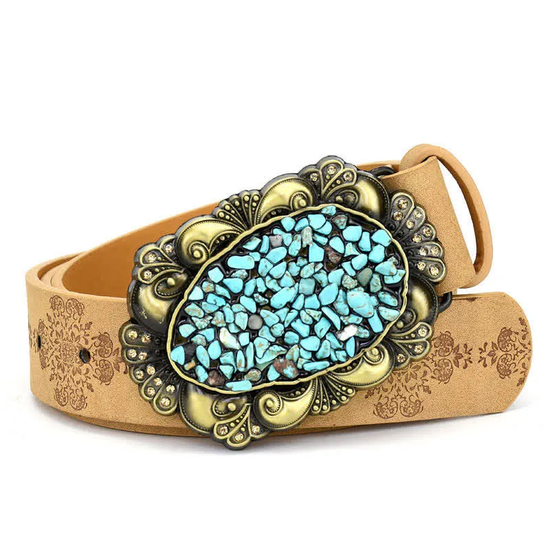 Women's Decorative Inlaid Color Stone Turquoise Leather Belt