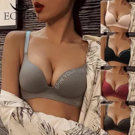 Women's Seamless Letter Print Bra Without Steel Ring Soft Ice Silk Bra Sexy Push-up Gather Bra