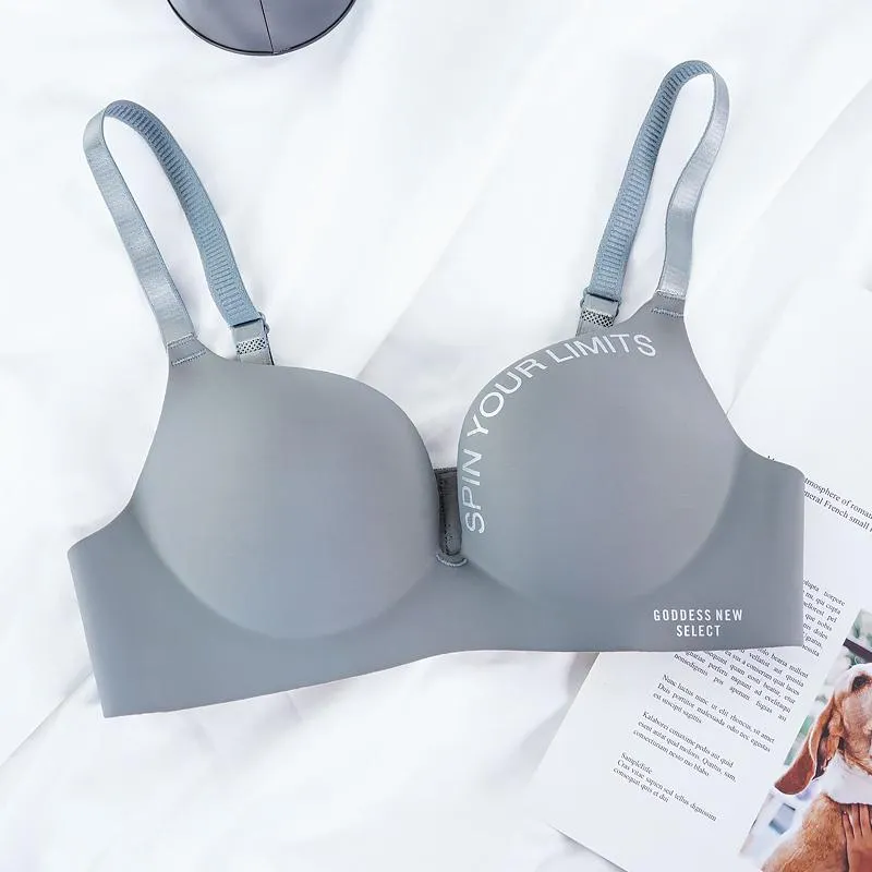 Women's Seamless Letter Print Bra Without Steel Ring Soft Ice Silk Bra Sexy Push-up Gather Bra