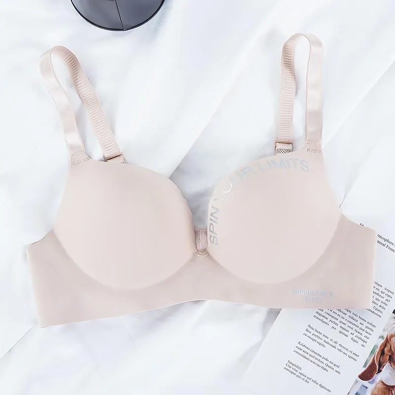 Women's Seamless Letter Print Bra Without Steel Ring Soft Ice Silk Bra Sexy Push-up Gather Bra