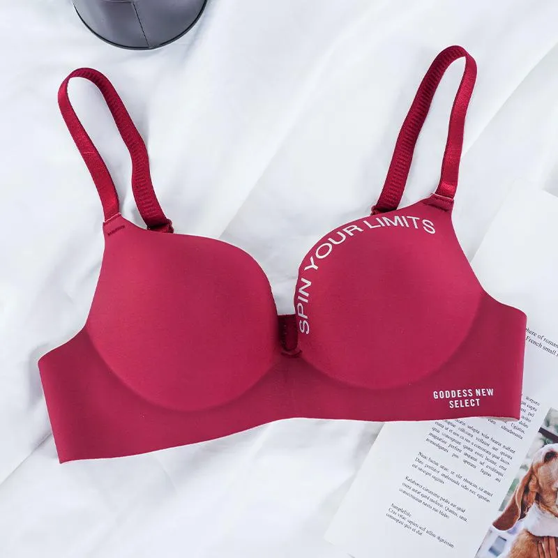 Women's Seamless Letter Print Bra Without Steel Ring Soft Ice Silk Bra Sexy Push-up Gather Bra