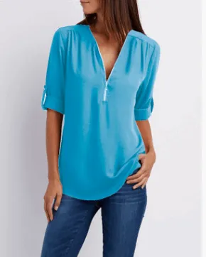 Zip V-neck Shirts Women Short Sleeve Loose Tops